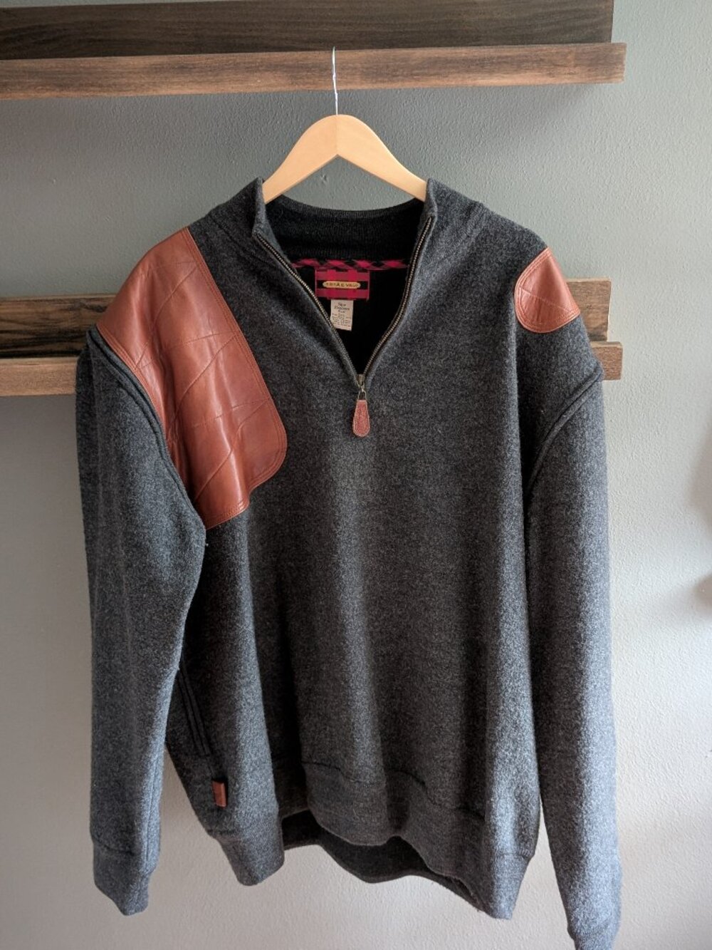 Braeval XXL Skye Boatmen Boiled Wool Gray Shooting Sweater Quilted Leather